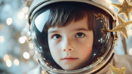 Aufkleber - A young child dressed in a space suit with stars, perfect for illustrations, educational materials or marketing campaigns