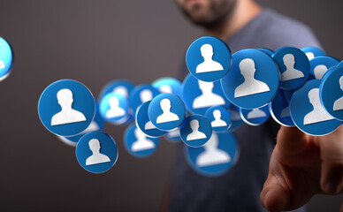 Aufkleber - Image depicts a person interacting with a network of social media profile icons.
