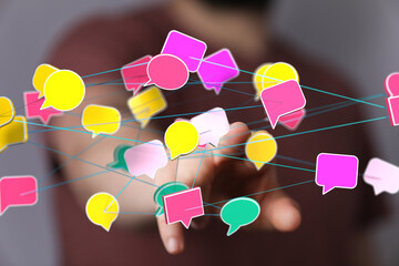 Aufkleber - Colorful speech bubbles interconnected, symbolizing global communication and networking.