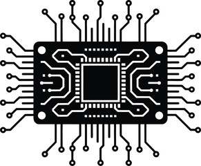 Poster - A black and white illustration of a microchip with intricate circuit patterns on a white background