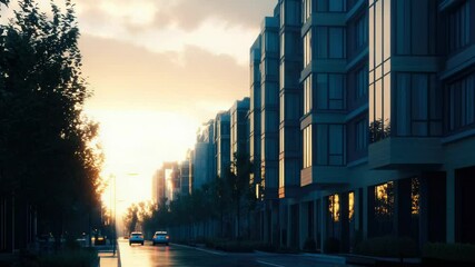 Poster - A city street with buildings and cars at sunset