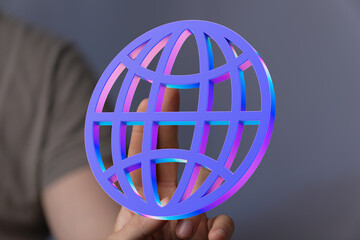 Poster - Abstract image of a hand holding a vibrant 3D globe, symbolizing global connectivity and networking.