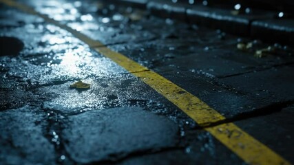 Poster - A close-up view of a wet sidewalk with a yellow line, suitable for use in images about urban infrastructure or traffic management