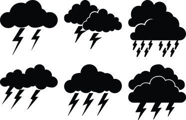 Wall Mural - Six black storm clouds with lightning bolts representing a dangerous weather condition