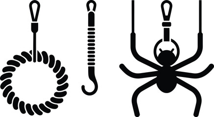 Poster - A black and white illustration featuring a rope circle, a hook, and a spider hanging from strings
