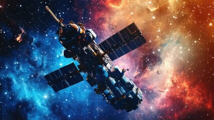 Poster - A futuristic space station floating in the vastness of a galaxy, suitable for sci-fi or technological backgrounds