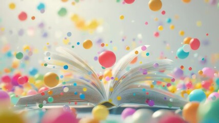 Poster - An open book surrounded by colorful balloons, ideal for educational or celebratory uses