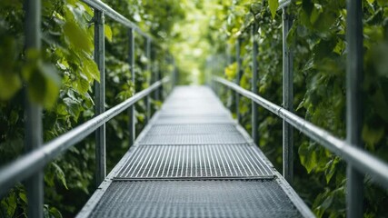 Aufkleber - A metal walkway surrounded by lush green plants, great for decoration or architecture concepts
