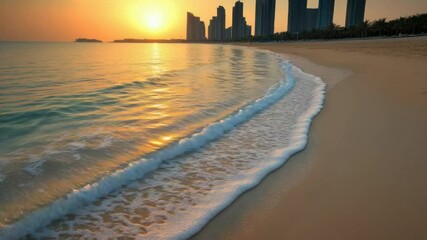 Poster - A cityscape at dusk with a beach and city lights, great for travel or architecture photos