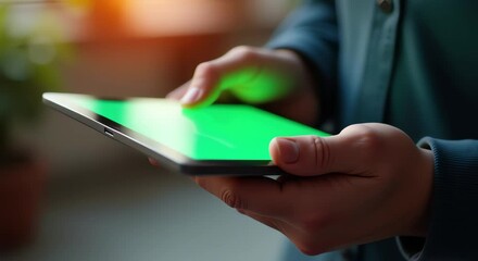 Poster - person holding tablet green screen hands background slightly blurred giving focus person