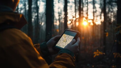 Poster - A person stands alone in a forest, holding a cell phone