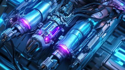 Poster - A cybernetic machine of wires and circuits with bright blue and purple lights, background wallpaper AI generated image