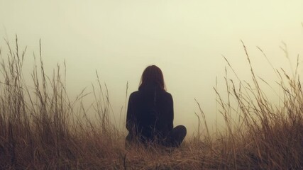 Poster - A person sits amidst a sea of tall grass, surrounded by nature