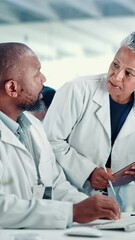 Poster - Computer, scientists and team with clipboard, project or asking for assistance for medical research. Lab, science and mature people with tech for data collection, collaboration and sharing info