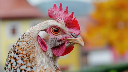 Aufkleber - A close-up shot of a chicken's head with a house in the background, suitable for farm or rural-themed projects