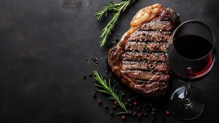 Poster - A plate with grilled steak served with a glass of wine on a wooden table