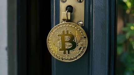 Fototapete - A single bitcoin coin attached to a blue door handle