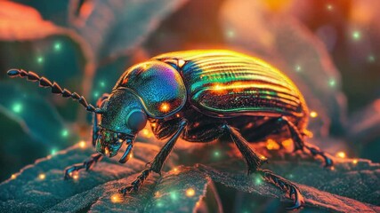 Fototapete - Close-up photo of a small beetle sitting on a leaf, with intricate details
