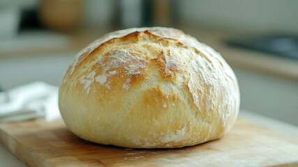 Poster - A freshly baked loaf of bread sits on a rustic wooden cutting board, ready for slicing and serving