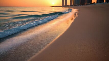 Poster - Aerial view of a city with tall buildings at sunset, overlooking the ocean