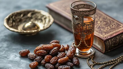 Poster - A glass of tea sits next to a plate of dates, perfect for a warm beverage accompaniment or a healthy snack