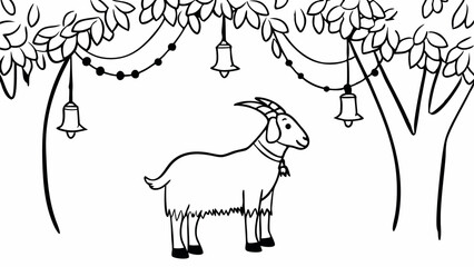 Poster - A goat standing beneath trees decorated with lights and bells in a black and white illustration style created with generated ai