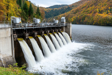 Hydroelectric dam releases water into river, surrounded by autumn foliage and mountains, showcasing nature beauty and energy