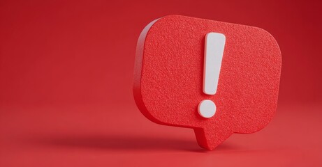 Poster - Red symbol of a notification reminder and chat message alert that signals attention and caution with an urgent warning exclamation mark isolated on a 3d background of danger in a flat design social