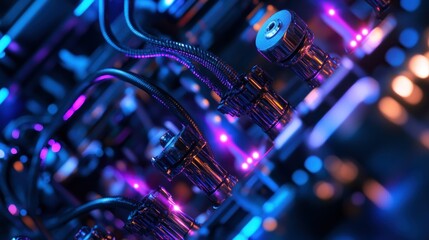 Poster - A cybernetic machine of wires and circuits with bright blue and purple lights, background wallpaper AI generated image