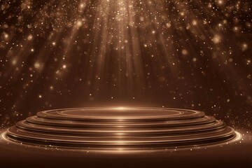 Poster - The scene is set with an empty stage, complete with a gold luxury podium, and includes an abstract golden pedestal stand, a blank cosmetic showcase, a premium display, and an elegant shiny backdrop