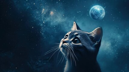 Poster - A curious cat gazes up at the moonlit sky