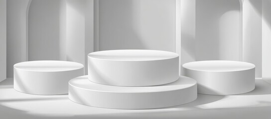 Poster - A modern 3D platform with a white podium background serves as a presentation stage for product display in an abstract and minimal setting with light and shadow