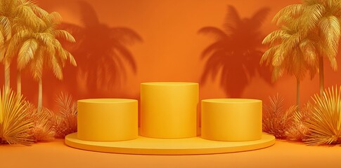 Poster - A 3D background featuring a minimalist product stand with a yellow stone podium set against a natural tropical backdrop, ideal for showcasing cosmetics or other products on a blank stage