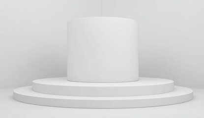 Poster - The scene is set in a 3d product studio with a blank white backdrop and a modern art interior featuring a simple display stand and podium on a presentation platform