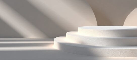 Poster - The presentation product is showcased on a modern 3D platform stage with a white background, featuring an empty mockup scene and geometric design elements
