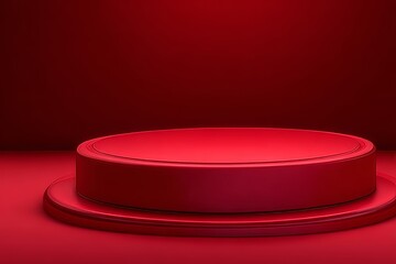 Poster - Luxury pedestal stand on a 3d podium with red product background for a premium exhibition presentation display and empty backdrop floor banner or show platform in a studio with round showcase scene