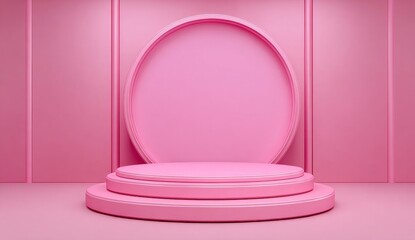 Poster - A 3D stage with a pink podium serves as a minimalist product display platform with a geometric backdrop and pedestal, featuring a round stand and empty pastel showcase on a studio banner