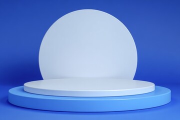 Poster - The empty space of a 3d background sets the scene for a modern studio with a blue podium stage and dark platform to showcase products on a geometric stand