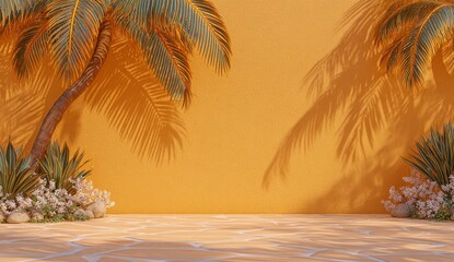 Poster - A blank tropical shade gradient product platform with a 3D background serves as a minimal sunny presentation display room featuring an empty banner template on a colorful abstract sun light yellow