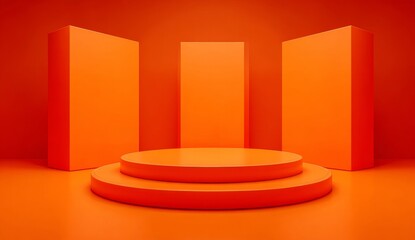 Poster - D display platform and empty orange cube pedestal stage on a geometric stand in a studio space or blank presentation scene for exhibition and mockup showcase with advertising backdrop