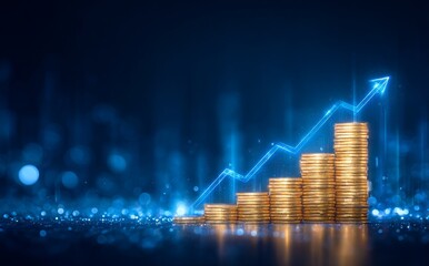Poster - The concept of economy growth is depicted through a blue finance chart and diagram on a 3D coin background, showcasing financial data, investment market, and profit, along with success in the market