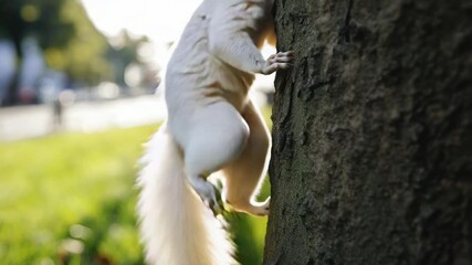Poster - A small white squirrel is climbing up the side of a tree, finding its way through the branches