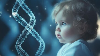 Poster - A baby holding a double strand of DNA, a great illustration for science and education projects
