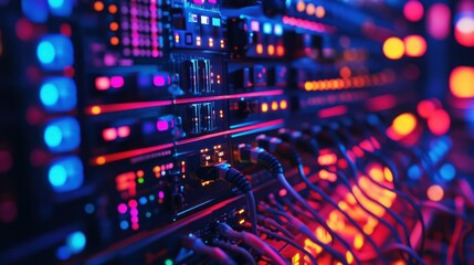 Poster - The control panel with neon wires, digital circuits and connectors glows with high-tech energy, background wallpaper AI generated image