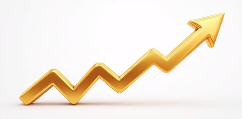 Poster - The image of a gold up arrow isolated on a white 3D background is combined with a growth direction graph and a golden economy stock profit chart icon to represent financial success and investment