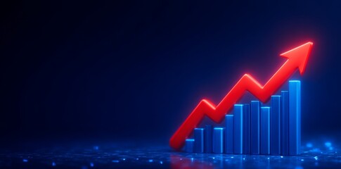 Poster - A blue 3D graph illustrating business growth is set against a financial success background, accompanied by a red arrow symbolizing market profit, finance charts, and stock diagrams that indicate