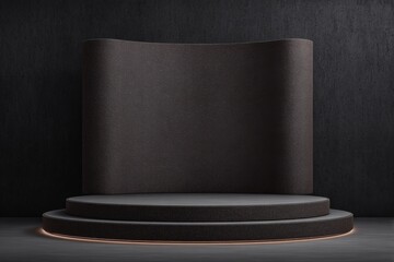 Poster - The image depicts a premium platform stand made of black stone or marble, situated on a dark empty stage with a minimalist pedestal and a blank backdrop, ideal for a luxury product presentation or