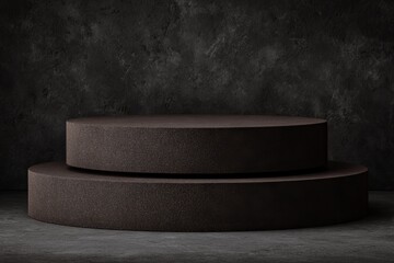 Poster - A luxurious 3D background featuring a black stone podium, or a premium cylinder product display resembling marble, sits atop a dark and empty stage with a minimal pedestal and blank backdrop for an