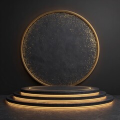Poster - Modern pedestal or dark studio light stand with luxury backdrop and elegant advertising showcase beauty blank floor on a 3d black podium product platform display background scene with empty