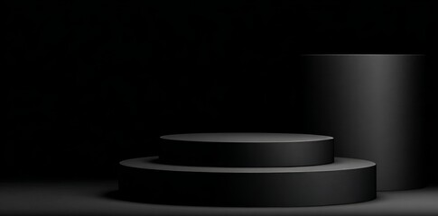 Poster - Modern podium features a black 3d stage banner on an empty background mockup with abstract light and dark product space display stand or luxury presentation pedestal scene studio and advertising